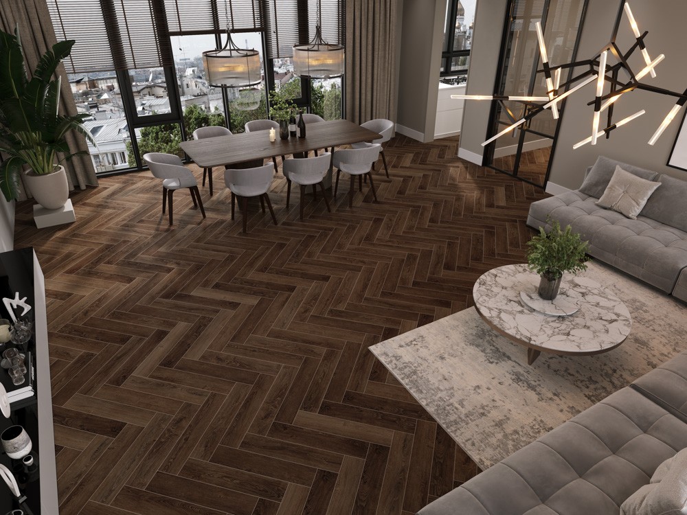 Кварцвиниловый SPC ламинат Cronafloor Herringbone Дуб Тулуза H001 венгерская елка 640×128×4,5 фото в интерьере